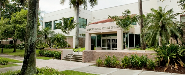 Side front view of the Shepard Broad College of Law building 