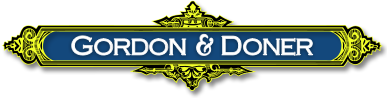 Gordon & Doner logo with white lettering on a blue background with an ornate gold trim