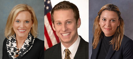 Three portraits of two smiling women and one smiling man in a black suit