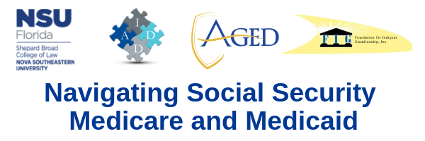 Navigating Social Security, Medicare and Medicaid banner in blue lettering on a white background