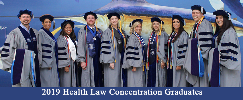 Portrait of 2019 NSU Health Law Concentration Graduates in graduation gowns