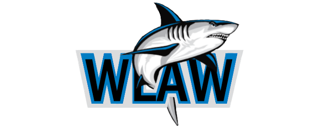WLAW logo in blue and black lettering with an illustrated shark